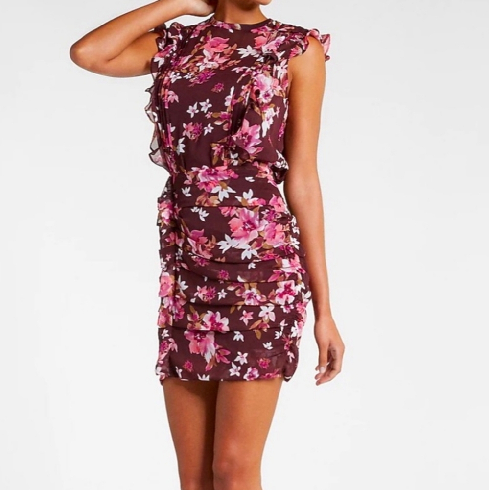 Express Floral Ruched Mini Dress Maroon